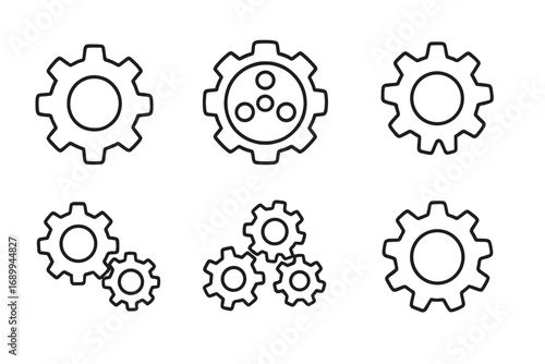 Gear and cogwheel outline icon set. Simple linear vector illustration collection of mechanical cogs. Concept of teamwork, process, system and settings. Editable stroke for web.