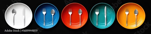 Five colorful plates each set with different combinations of silverware arranged neatly on a black background, creating a visually balanced and vibrant dining display
