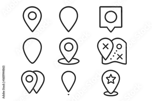 Map Location Pin Line Icons Set. Outline Map Marker Symbols Collection for Navigation, GPS, Route, Direction, Travel, Wayfinding, Mobile App, Website Design. Vector Location Pointer Graphic Elements