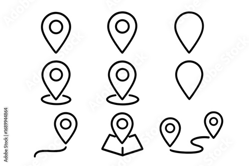 Location Pin Line Icon Set. Outline GPS Map Marker Symbols for Navigation, Web, App UI, Travel, Route, Destination, Checkpoint. Vector Location Pointer Pack for Graphic Design, Transparent Background