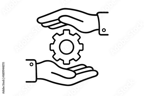 Hands holding gear line icon. Business process management, development concept. Technical support, maintenance service symbol. Progress, settings, industry and solution metaphor.