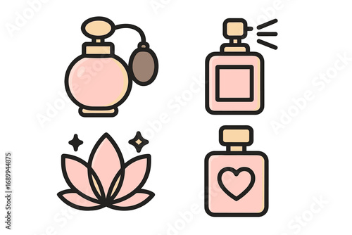 Perfume bottle icon set. Vector cartoon illustration of fragrance spray, vintage atomizer, and cosmetic scent bottle with heart and lotus flower. Isolated beauty symbols for web.