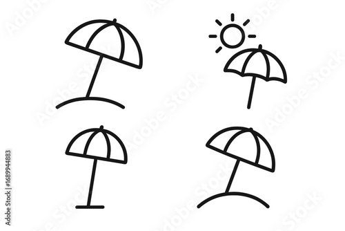 Parasol sunshade umbrella beach icon set, thin line editable stroke vector bundle for summer protection, sun protection symbols for websites, apps, cards, and digital design
