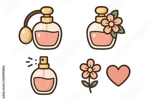 Perfume bottle vector icon set. Cute cartoon fragrance spray, vintage atomizer, flower & heart symbol. Beauty, cosmetic, glamour, love & aroma concept for web design.