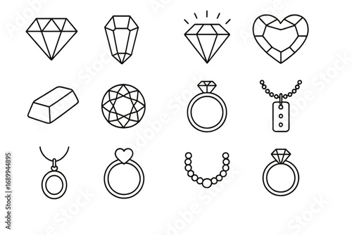 Jewelry line icon pack. Diamond, gem, heart, gold bar, necklace, pendant, tag, ring, wedding band outline. Simple decorative vector illustration for web, app, advert, branding, greeting, invitation.