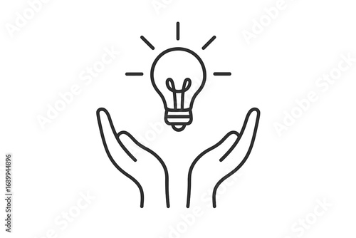 Concept of new idea, innovation and creativity. Hands holding a glowing light bulb. Symbol of inspiration, solution, and knowledge. Minimalistic line art vector illustration.