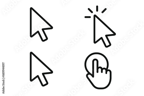 Cursor and hand pointer icon set. Vector outline collection of click, tap, and select symbols for web design, UI, UX, and navigation. Arrow and finger press pictogram.