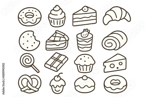 Pastry and dessert line icon set. Bakery and sweets vector collection. Includes cake, donut, cupcake, cookie, croissant. Editable stroke for UI, web, apps, menu design.