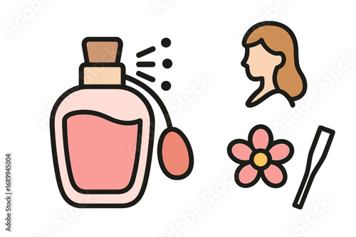 Beauty and cosmetics icon set with perfume bottle spray, woman profile, flower, and nail file. Vector cartoon illustration for fragrance, makeup, and personal care concepts.
