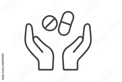 Hands holding pills and capsule icon. Medicine, pharmacy, and healthcare concept. Vector line art of medical treatment, dosage, and supplements for health and wellness.
