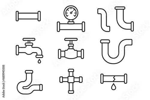 Pipe plumbing line icon set. Vector pipeline, faucet, valve, water leak, pressure gauge icons. Editable stroke. Industrial plumbing repair service graphic elements collection.