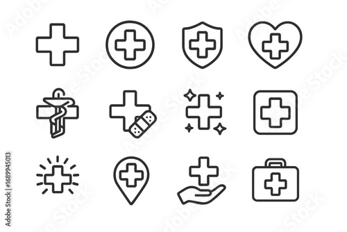 Medical cross icon collection. Outline healthcare symbols. First aid, emergency, hospital, pharmacy, clinic, health insurance, medicine icons set. Vector line style for web, app, card design