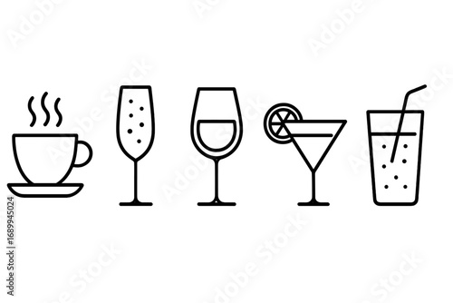 Drinks and beverages line icon set. Coffee, champagne, wine, cocktail, soft drink. Bar menu symbols. Restaurant, cafe pictogram collection. Vector outline illustration. Editable stroke.
