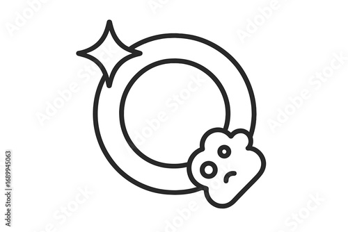 Plate washing icon. Dishwashing concept. Clean and dirty plate metaphor. Cleaning service symbol. Kitchen chore illustration. Hygiene, soap foam, sparkle. Vector line art.