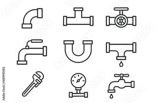 Pipe line icon set. Plumbing, pipeline, and water supply concept. Faucet, valve, tap, wrench, leak, and pressure gauge icons. Vector illustration for repair service.