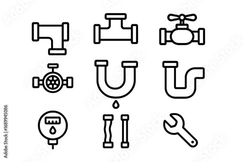 Plumbing line icon set. Pipe and tube fittings, valve, water pressure gauge, and wrench. Plumber tool and pipeline equipment vector illustration for waterworks and repair service.