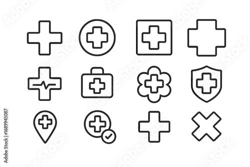 Medical cross outline icon set. Health, hospital, pharmacy, first aid, emergency symbols. Thin line vector icons for app, web, poster, banner, advertising, mobile interface, transparent background