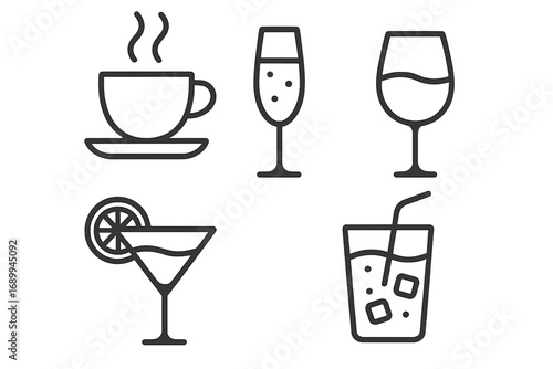 Drinks and beverages line icon set. Coffee, tea, wine, cocktail, champagne, and soft drink symbols. Vector outline graphic collection for bar, restaurant, or cafe menu. Editable stroke.