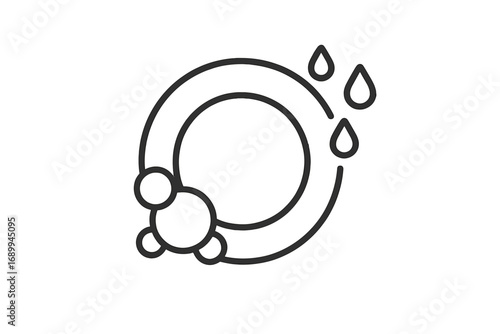 Dish washing icon. Plate wash symbol. Clean dishes and hygiene concept. Minimalist line art for web, apps. Soap bubbles and water drops. Household chore, kitchen cleaning vector.