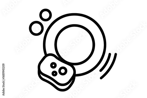 Plate washing thin outline icon. Washing dishes with a sponge and soap bubbles. Concept of household chores, hygiene, and cleanliness. Minimalistic linear vector pictogram for web.