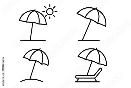 Parasol, sunshade, umbrella, beach protection icons set, summer leisure, sun shelter, vector line symbols for web, apps, cards, editable stroke, travel and relaxation elements