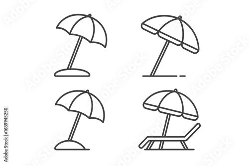 Parasol Sunshade Umbrella Icons Set, Beach Protection Vector Thin Line Art, Editable Stroke Design for Web, Apps, Cards, Summer Holiday, Outdoor Relaxation Symbols
