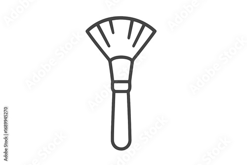 Cosmetic fan brush outline icon. Makeup artist tool for powder, blush, highlighter. Beauty, glamour, and skincare concept. Minimalist vector line art for web and design.