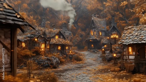 Autumnal fairytale village nestled in a misty forest warm lighting illuminating cozy houses detailed stone architecture golden leaves pumpkins