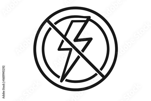 No electricity sign vector icon. Prohibition symbol with lightning bolt. Danger high voltage warning. Power outage concept. Electrical hazard symbol for safety instructions.