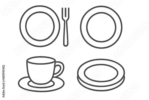 Plate, fork, cup, and dishes thin line icon set. Kitchenware, tableware, cutlery vector collection. Concept for restaurant, cafe, menu, cooking. Crockery outline symbols for web.