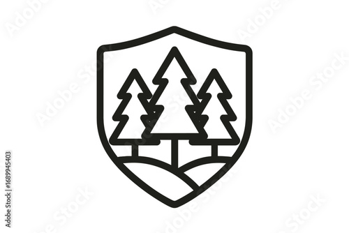 Forest shield vector icon. Pine trees inside a protection emblem. Concept for nature conservation, environmental security, ecology. Minimal outline logo for forestry, travel, wood brand.
