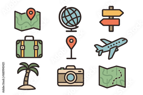 Travel adventure cartoon icon set. Line vector symbols of map, globe, airplane, suitcase, signpost, palm tree, photo camera. Tourism, vacation, holiday planning concepts. Isolated graphic resource.