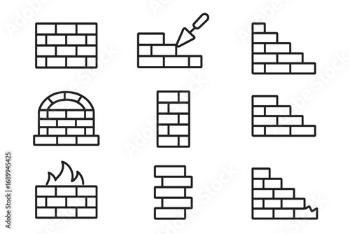 Brick wall construction vector icons set. Masonry outline symbols, bricklaying, wall building stages, fire wall, arch, damaged wall, trowel, vertical and staggered brick designs. Architecture concept