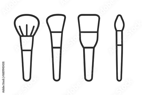 Makeup brush icon set. Cosmetic brushes collection for powder, blush, foundation, concealer. Beauty salon tools. Vector line art illustration for graphic web design.