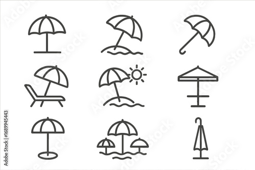 Parasol, sunshade, umbrella vector thin line icons collection for beach protection and sunny weather, editable stroke vector cartoon illustrations perfect for web, apps, books, and cards