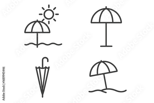 Parasol sunshade umbrella icons collection, beach protection vector thin line symbols, editable stroke, cartoon style, ideal for websites, apps, cards, and books design