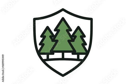 Forest shield logo concept. Pine tree emblem for nature conservation and environmental protection. Eco friendly icon. Vector security badge for national park, forestry, outdoors.