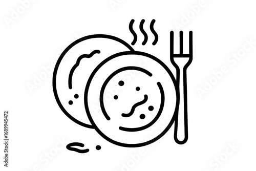 Dirty dishes icon after eating a meal. Finished dinner concept with empty plates and fork. Minimalist line art pictogram for a restaurant, web design, or kitchen chore graphic.