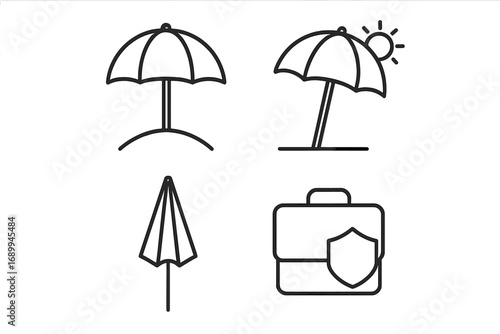 Parasol, Sunshade, Umbrella, Beach Protection Thin Line Icons Collection, Editable Stroke Vector, Summer Vacation Symbols, Sun Safety, Outdoor Relaxation, Travel Essentials