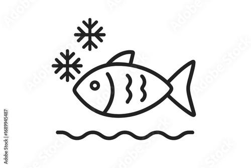 Frozen fish line icon. Seafood outline symbol. Ice cold food concept. Minimal pictogram for web, app, UI, UX design. Vector line art illustration for grocery store, packaging, menu.