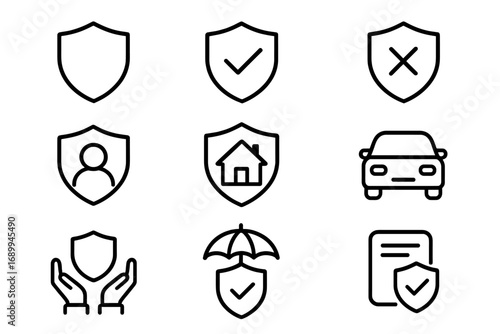 Insurance and Protection Shield Line Icons Collection. Outline Vector Symbols for Security, Car, Home, Personal, Hands, Document, Umbrella Concepts. Web, Graphic Design, App, Business Advert Set