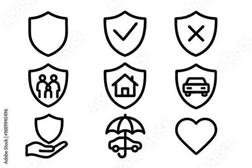 Shield and Insurance Line Icons Vector Set. Outline Protection Signs for Web Design, Mobile Apps, Business Cards, Advertising, Secure Coverage Symbols, Family Home Car Health Safety