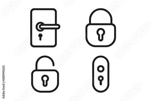 Vector lock and door access line icons bundle. Padlock, open lock, security keyhole, door handle symbols for web design, mobile app UI, advertisement, cards. Outline safety concept illustration.