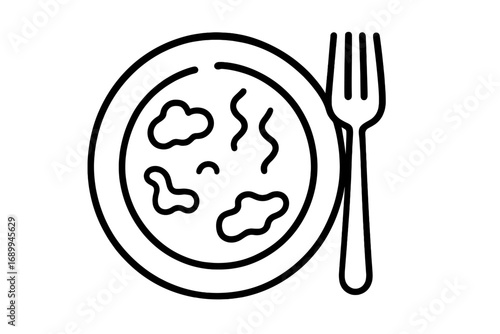 Meal icon with food on a plate and fork. Simple line art for dining, restaurant menu, lunch or dinner concepts. Minimalist outline vector illustration for web, apps, cooking.