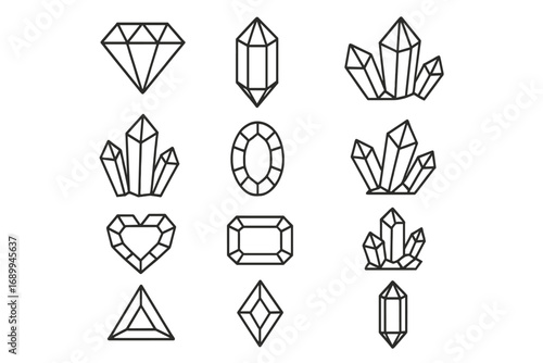 Diamond and gem line icon set. Collection of linear crystal and gemstone symbols. Minimalist vector illustration of precious stones for jewelry design, logo, web, or app.