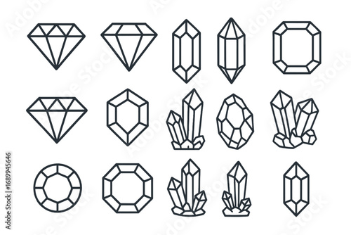 Diamond gem vector icon set. Crystal and gemstone outline symbols. Jewelry logo collection. Precious stone, brilliant and emerald cut shapes. Linear design elements isolated.