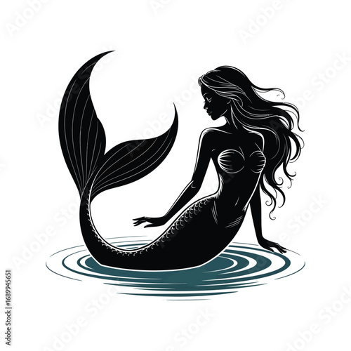 Mermaid Silhouette Illustration Sitting in Water with Long Hair in Black and White