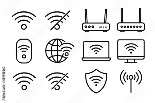 Wi-Fi and router line icon set. Wireless internet connection, network technology, and data transfer symbols. Vector outline pictograms for web, UI, and mobile app design.