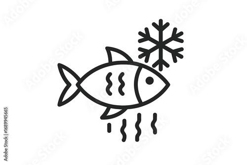 Frozen fish thin line icon. Seafood vector symbol with snowflake. Concept for food preservation, freezer, market, freshness. Minimalistic illustration for grocery or packaging.