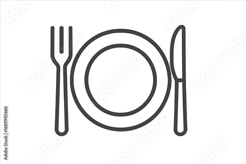 Restaurant line icon with plate, fork, and knife. Food, dining, and cutlery concept. Vector outline symbol for mealtime, dinner, lunch, or breakfast. Minimalist tableware.